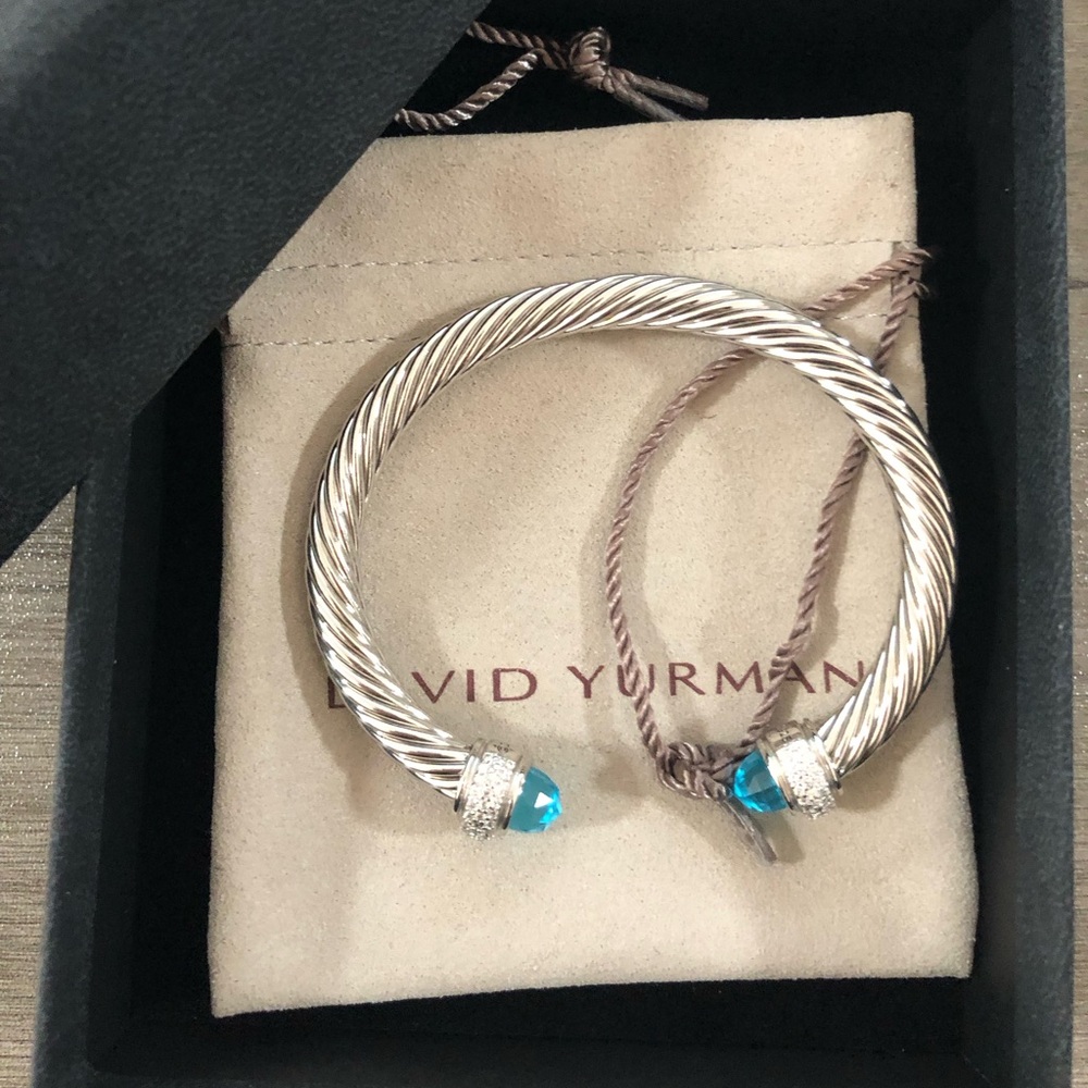 David Yurman Sterling Cable Cuff with Blue Gemstone Terminals - Picture 2 of 4